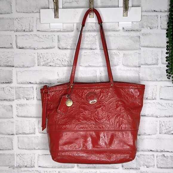 Coach Embossed Patent Leather Tote Bag Purse Orange Red Shoulder Bag - Picture 2 of 8